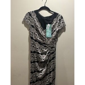 NWT R & M Collection Size 6 Formal‎ Dress Short Sleeve Mesh Lace Black Taupe